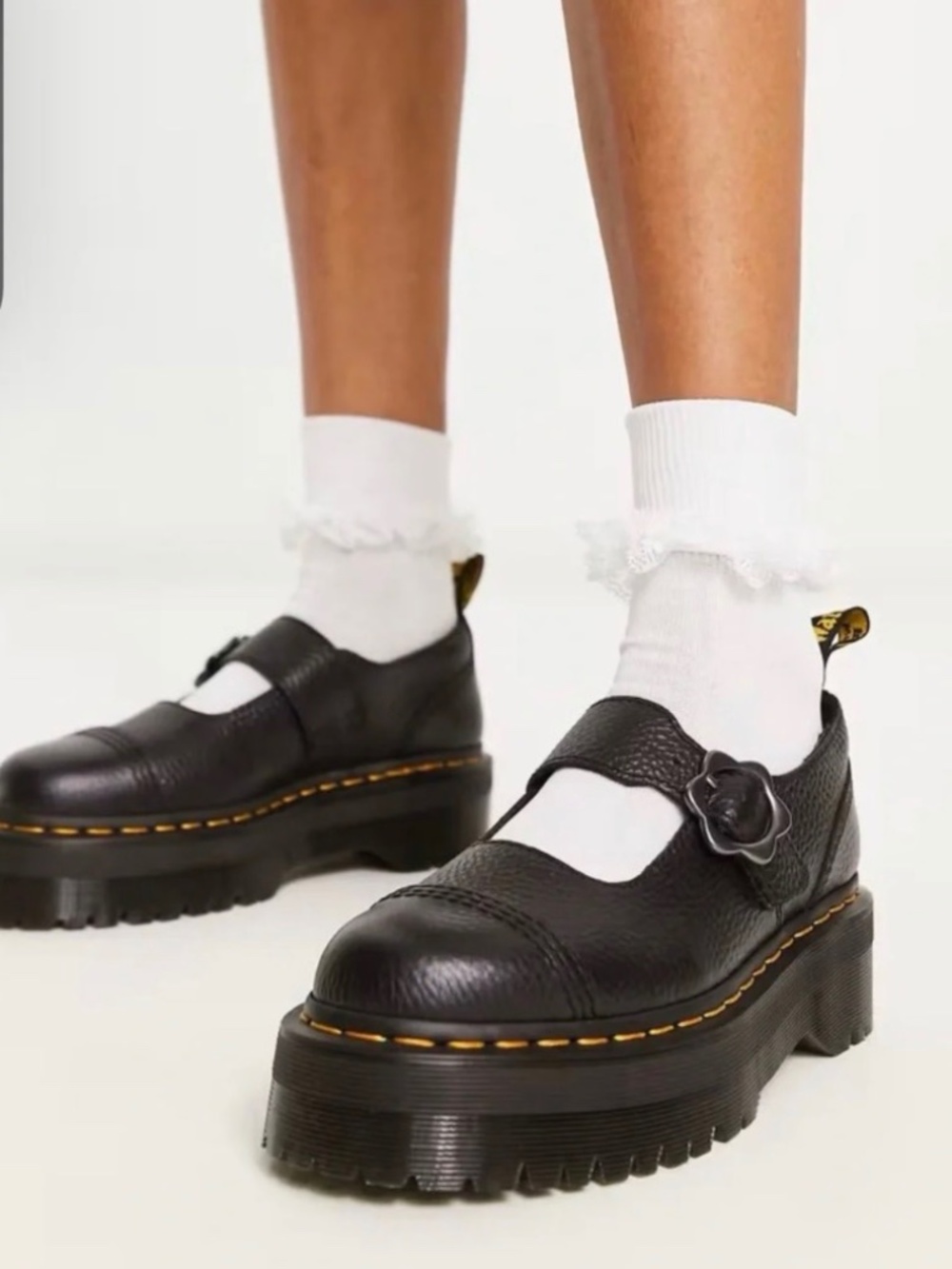 Dr Martens Addina Black Mary Jane Platform Shoe with Floral Buckle size 39 EU